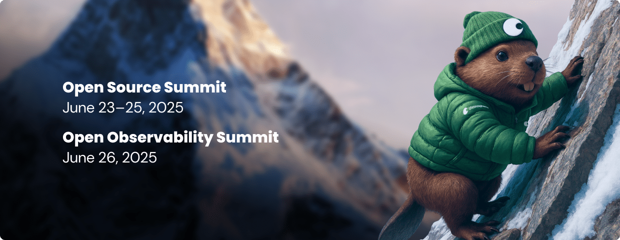 Illustration of a beaver in a green jacket climbing a snowy mountain, with text announcing the Open Source Summit and Open Observability Summit dates in June 2025.