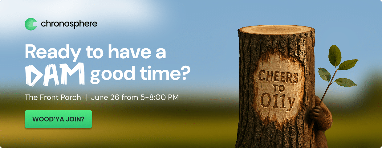 A tree stump reads "CHEERS TO O11y" as a beaver waves and holds a branch. Text promotes a Chronosphere event at the Open Observability Summit on June 26 from 5–8 PM called "Ready to have a DAM good time?.