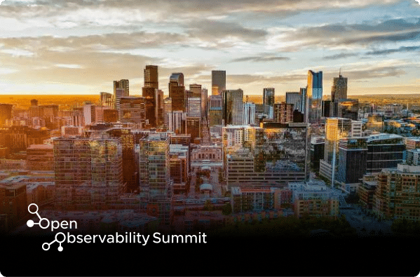 A city skyline at sunset with modern high-rise buildings. "Open Observability Summit" text and logo are overlaid at the bottom, celebrating its connection to the Open Source Summit community.