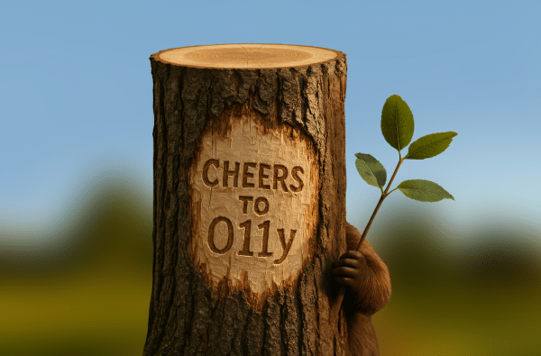A tree stump with "CHEERS TO O11y" carved into it stands at a brown-furred creature holds a leafy branch behind the stump.