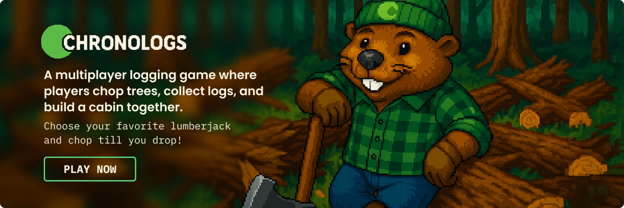 Pixel art of a beaver wearing a green hat and shirt, holding an axe in a forest, promoting the multiplayer logging game “Chronologs.”.
