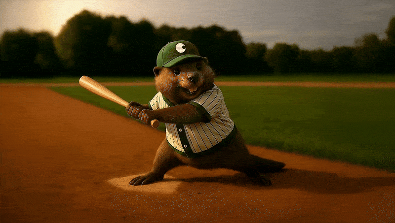 A beaver wearing a baseball uniform and cap stands on a baseball field holding a bat, ready to hit.