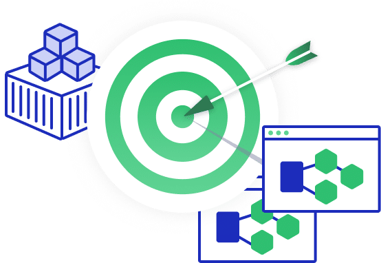 A green and white target with an arrow in the center is surrounded by icons of digital network diagrams, a stack of blue cubes, and the Chronosphere logo, highlighting the importance of SLOs in modern observability.