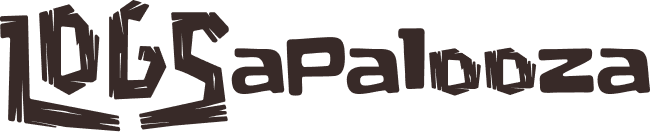 Logo with stylized text that reads 'LOGSaplooza,' featuring angular, blocky letter shapes in dark brown.
