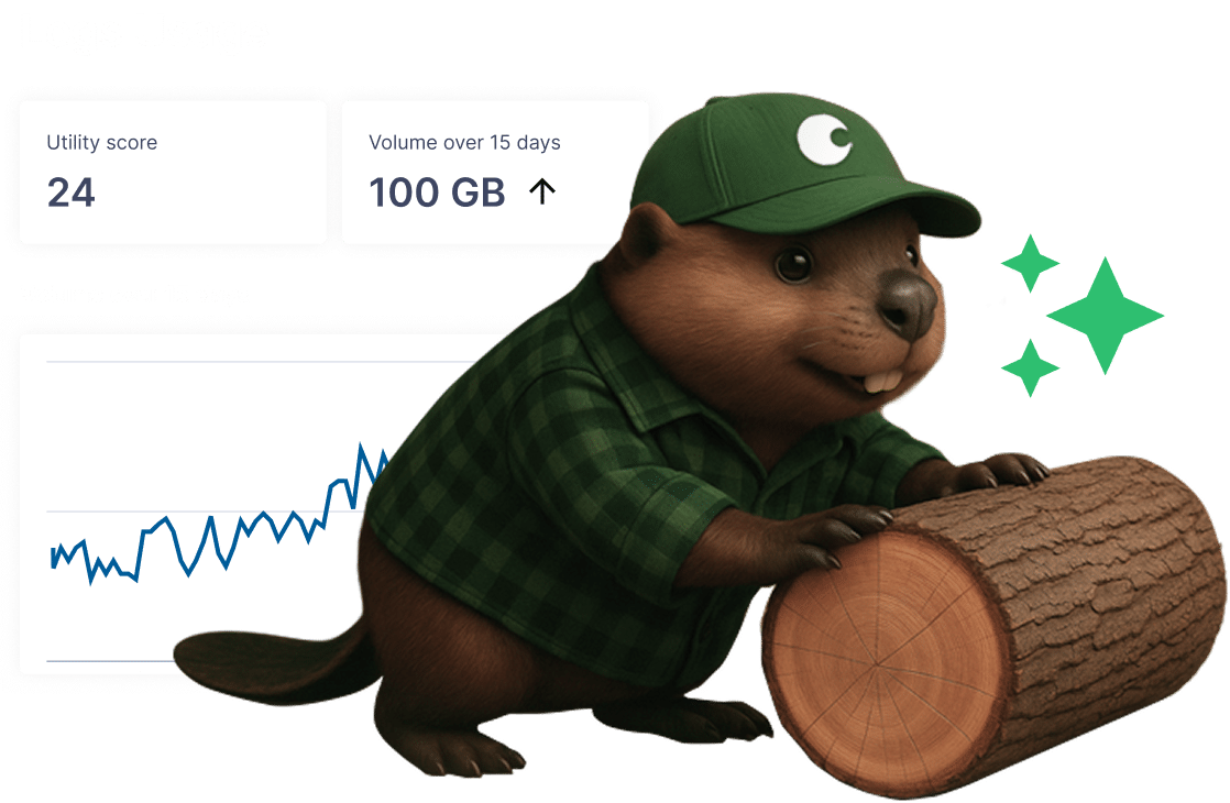 A cartoon beaver in a green hat and plaid shirt holds a log next to charts showing a utility score of 24, 100 GB logged, and log volume trends over 15 days.