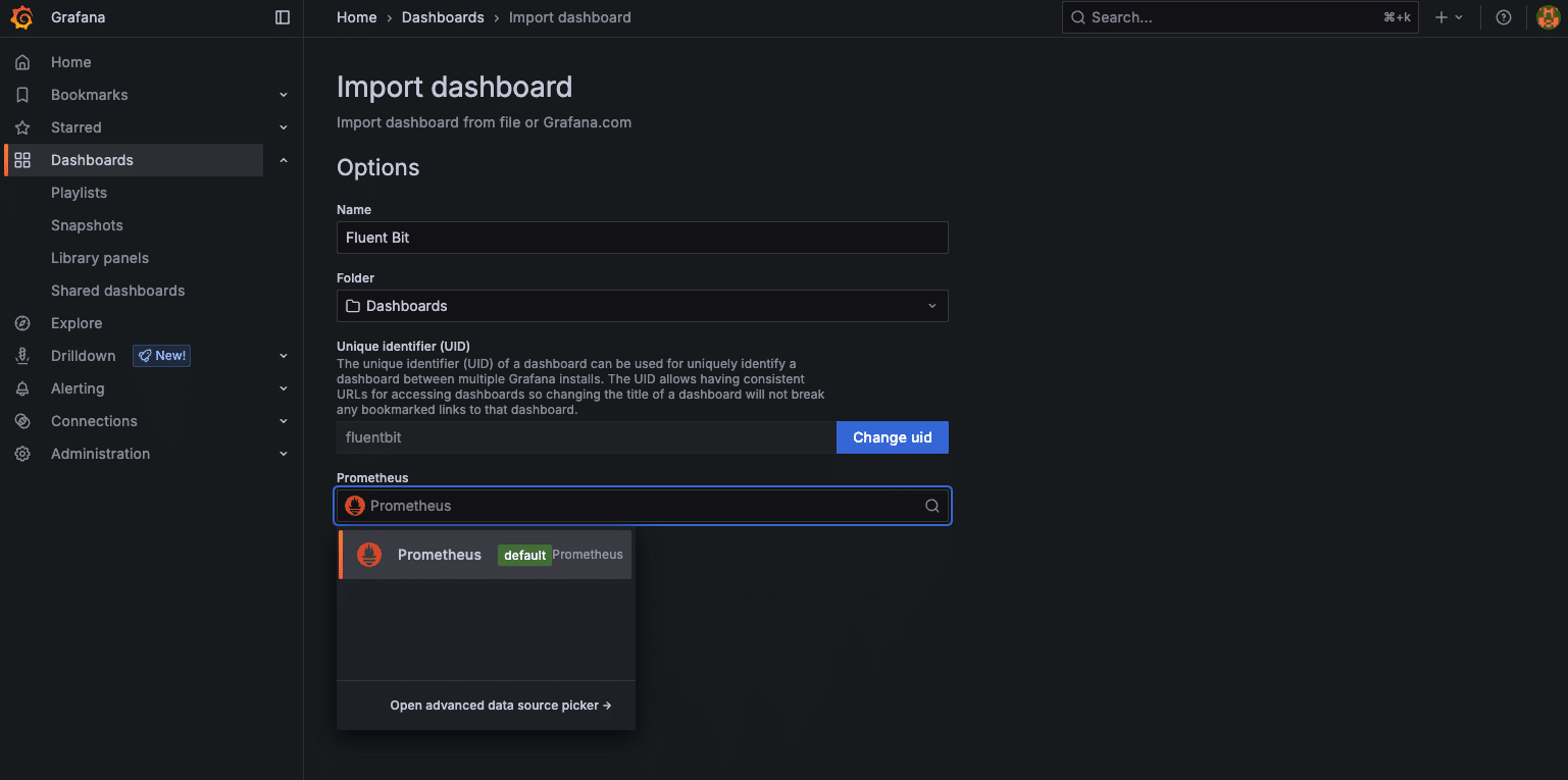 A Grafana dashboard interface displays the “Import dashboard” page, with “Prometheus” selected as the data source—ideal for integrating metrics from Fluent Bit.