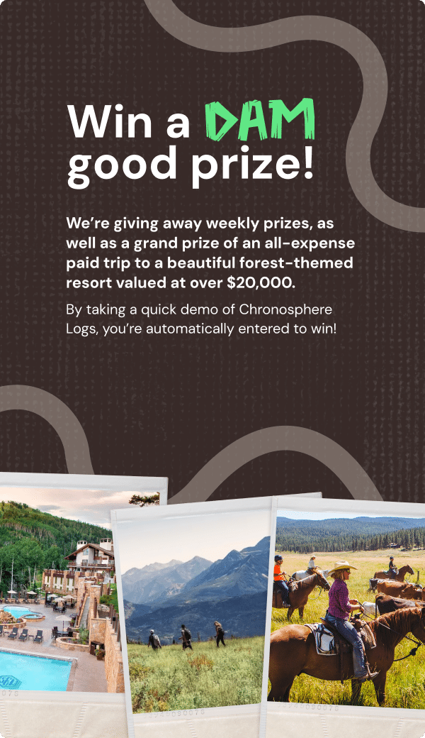 Promotional sign for LOGSapalooza Chronosphere Logs prize giveaway, featuring photos of a mountain resort, a nature trail, and people horseback riding.