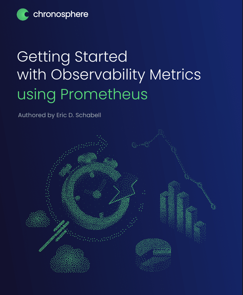 Book cover titled "Getting Started with Observability Metrics using Prometheus" by Eric D. Schabell, featuring observability metrics and data visualizations on a dark blue background.