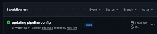 A completed workflow run showing "updating pipeline config" for telemetry pipelines with a green checkmark, commit details, and a runtime of 12 seconds, finished 1 hour ago—ideal for managing at scale.