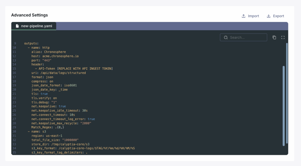 A computer screen displays a code editor with a YAML configuration file for a telemetry pipeline, showing output and header settings, API token placeholder, and advanced log handling options—ideal for managing at scale with GitOps workflows.