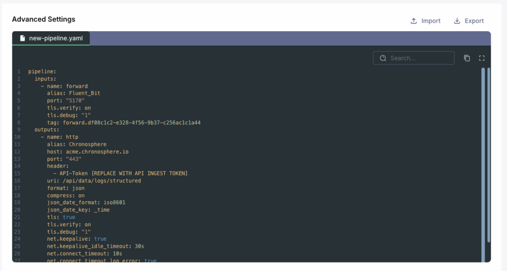A screenshot of a web interface displaying a YAML configuration file for managing telemetry pipelines, with options to import or export files at the top right—a helpful tool for GitOps and managing at scale.