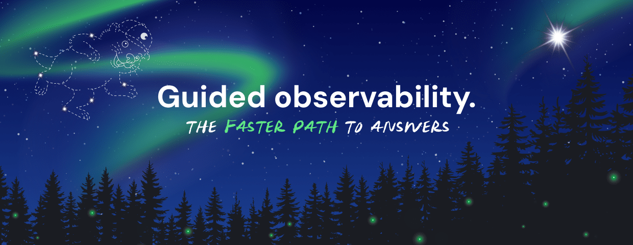 A night sky with northern lights, a bear constellation, and a bright star above pine trees. Text reads, "Guided observability. The faster path to answers." Inspired by Kubernetes innovation at KubeCon NA 2025.