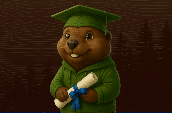 A cartoon beaver wearing a green graduation cap and hoodie holds a rolled diploma tied with a blue ribbon, set against a dark wood-textured background with tree silhouettes, celebrating AWS Re:Invent 2025.