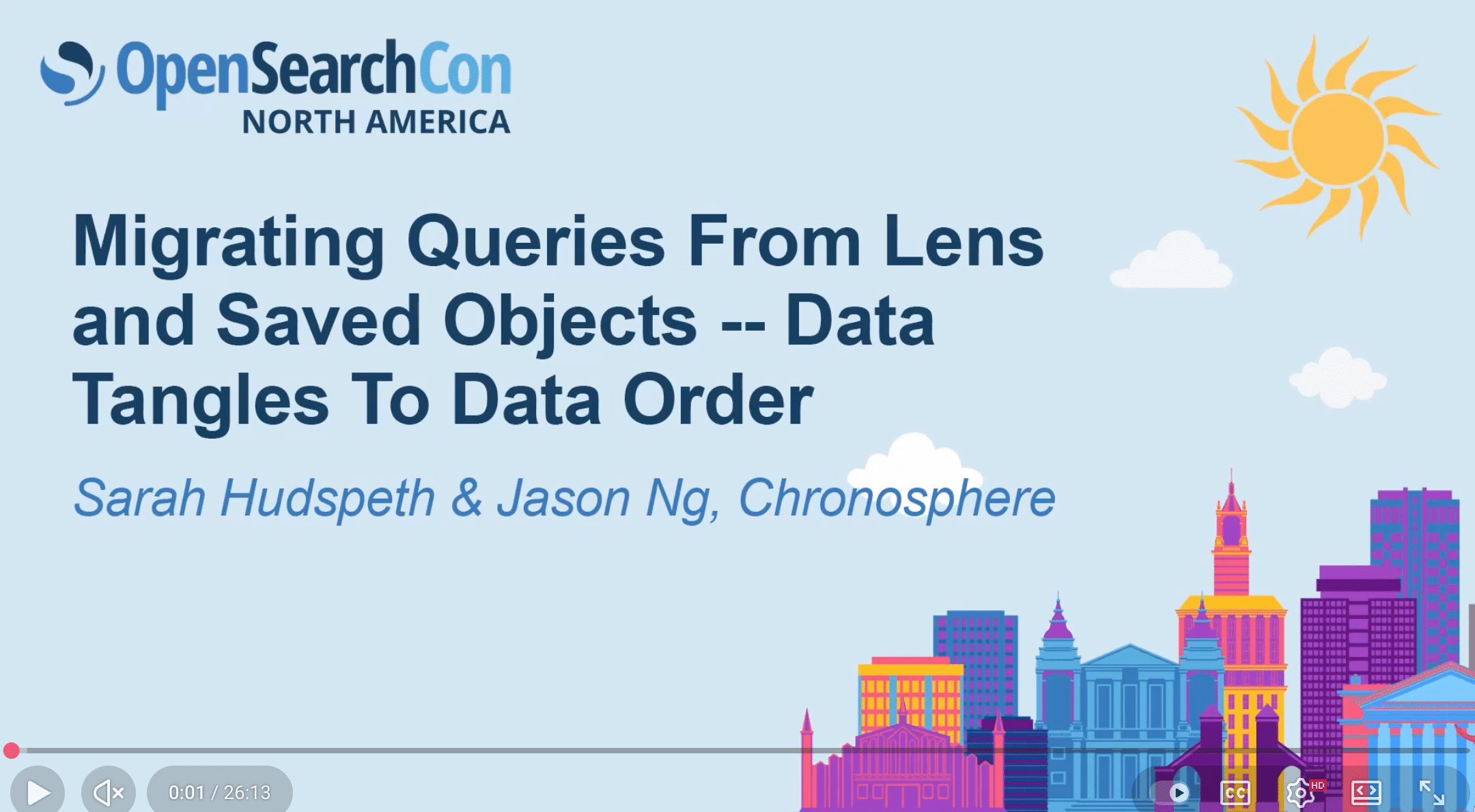 OpenSearchCon North America presentation slide titled "Migrating Queries From Lens and Saved Objects -- Data Tangles To Data Order" by Sarah Hudspeth & Jason Ng, Chronosphere, explores migration queries from Lens and effective Saved Objects management.