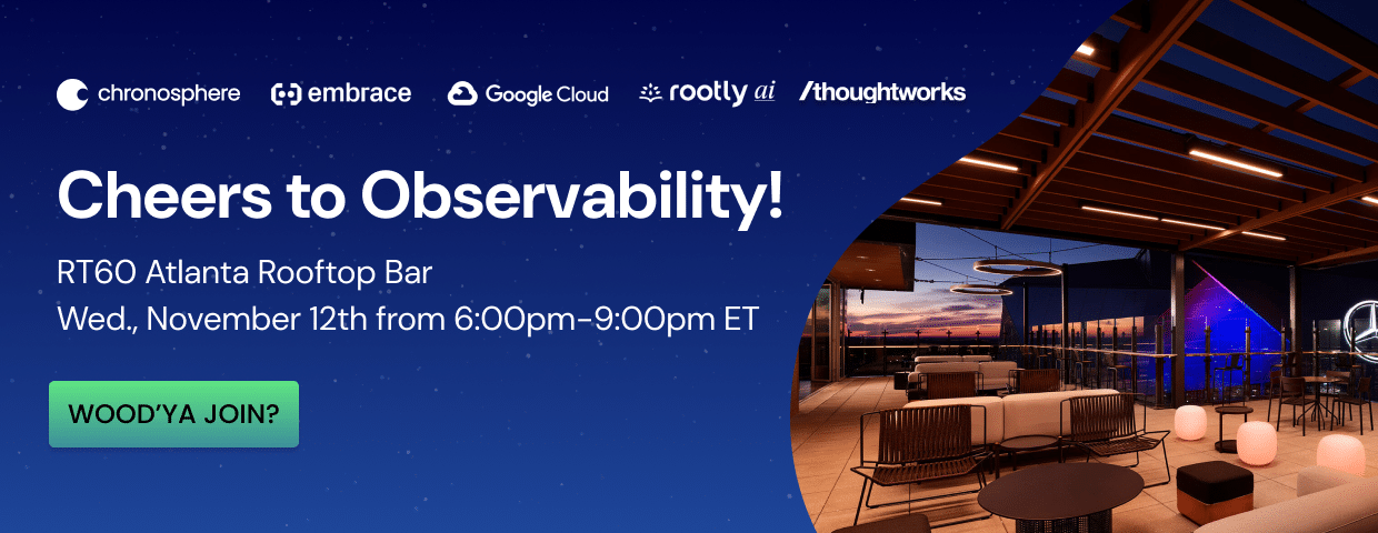 Event banner for "Cheers to Observability!" at RT60 Atlanta Rooftop Bar, November 12th, 6:00pm–9:00pm ET, during KubeCon NA 2025, with sponsor logos and a sunset photo of the rooftop venue.