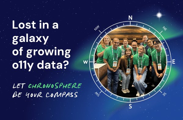 A group of people in green shirts stand inside a compass graphic, with text reading, "Lost in a galaxy of growing o11y data? Let Chronosphere be your compass" on a starry background at AWS Re:Invent 2025.