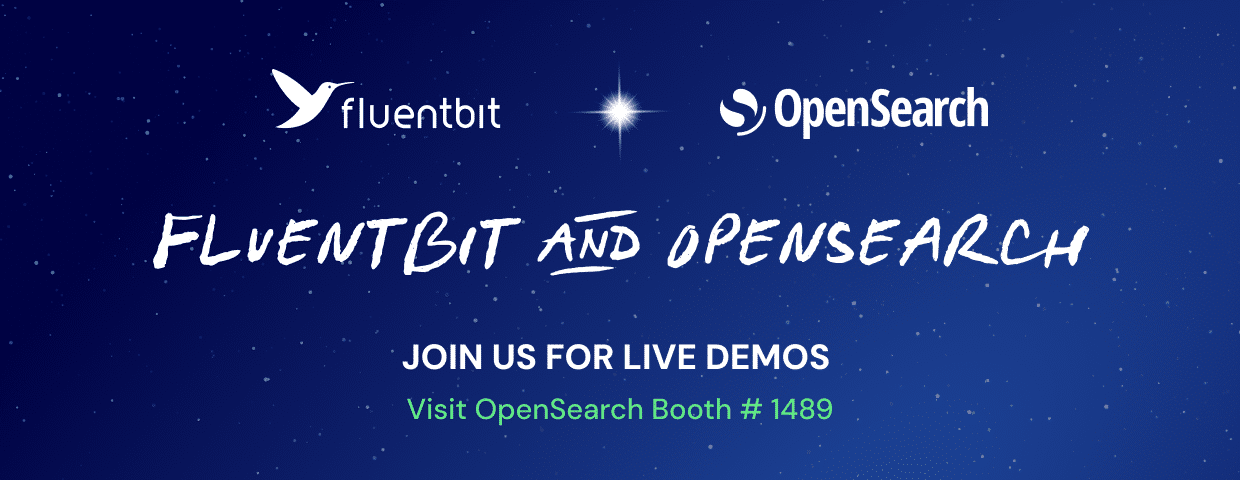 Banner with Fluent Bit and OpenSearch logos, text reads: "Fluent Bit and OpenSearch. Join us for live demos at AWS Re:Invent 2025. Visit OpenSearch Booth #1489" on a blue starry background.