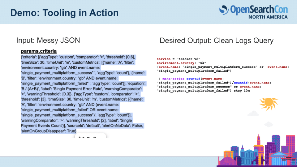A slide compares a messy JSON input on the left with a clean logs query output on the right, under the heading "Demo: Tooling in Action," showcasing how Lens simplifies migration queries.