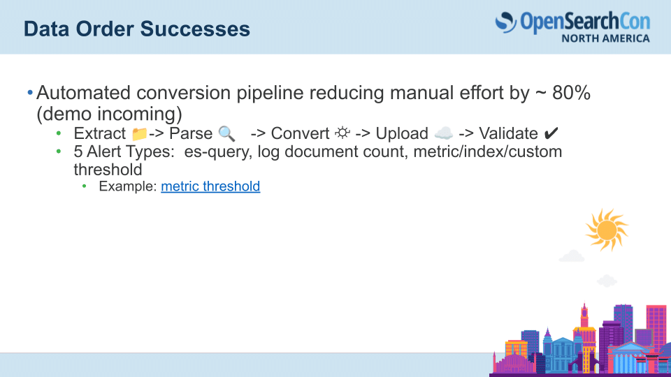 Presentation slide titled "Data Order Successes" showing a bullet-point summary of an automated conversion pipeline using migration queries and Lens to reduce manual effort by about 80%, with steps and alert types listed.