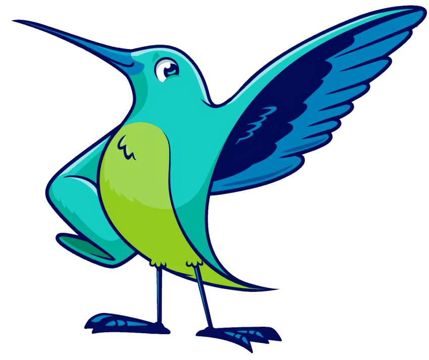 Cartoon illustration of a green and blue hummingbird standing upright with one wing raised and its beak pointing upward, ready to soar into KubeCon 2025.