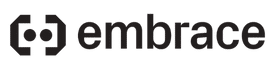The image shows the word "embrace" in lowercase black letters, with a geometric logo resembling two brackets and two dots to the left of the text