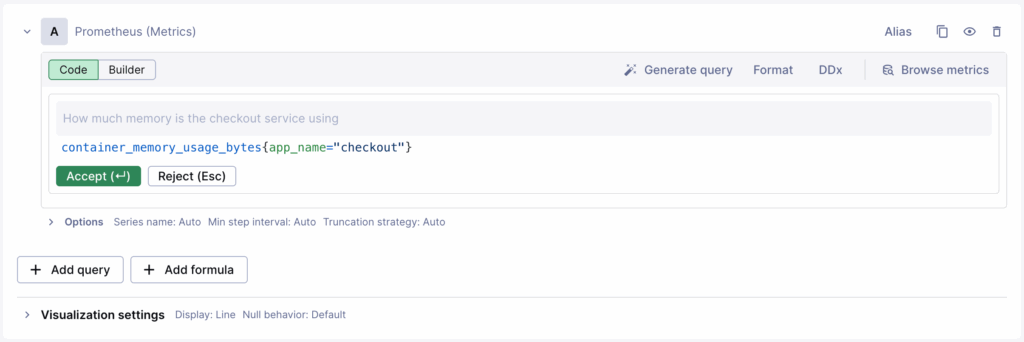 Screenshot of a Prometheus (Metrics) dashboard displaying an AI-powered query for container_memory_usage_bytes filtered by app_name="checkout", with options to accept or reject the query as part of a guided observability feature.