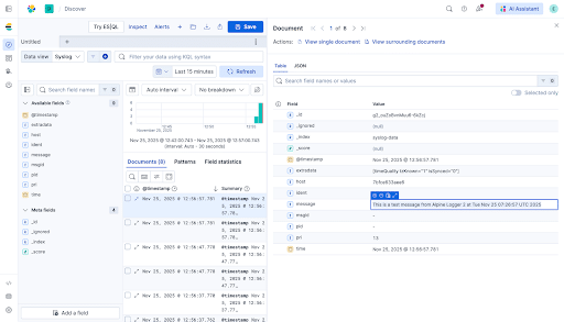 A data analytics dashboard displays a search query, document list, and detailed JSON data—including timestamp and field values—from sources like Fluent Bit or Elasticsearch. View structured Syslog Data for each selected message.