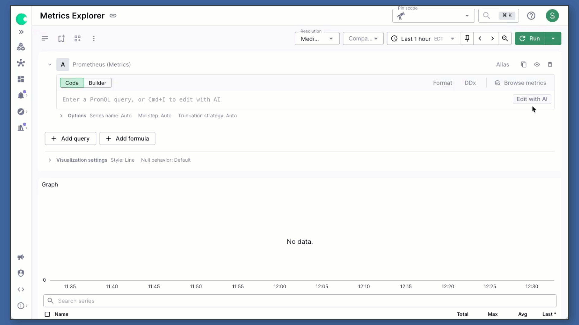 Metrics Explorer with a code input area, a formula editor, and an empty graph below stating "No data," supporting Natural Language Queries for easier insight in plain English.