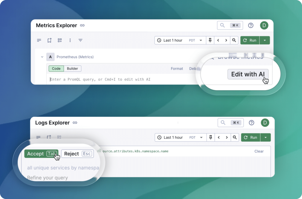 Screenshot showing Metrics Explorer and Logs Explorer interfaces, highlighting "Edit with AI" and options to "Accept" or "Reject" AI suggestions for Natural Language Queries in plain English.