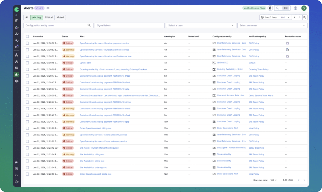 Chronosphere Alert List page with a list of alerts, their statuses, assigned users, alert types, notification policies, and new features for streamlined incident response.
