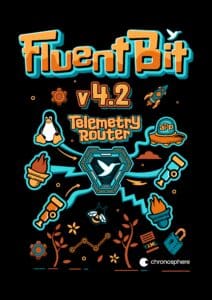 Poster for Fluent Bit v4.2 Telemetry Router featuring colorful icons—penguin, rocket, app, gears, torches—and the Chronosphere logo on a black background, highlighting advanced logging and pipelines capabilities.