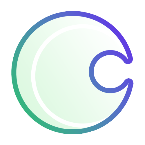 A circular design with a gradient outline transitioning from green to blue. The circle has a crescent-shaped cutout on the right side. The interior is a pale, translucent color.